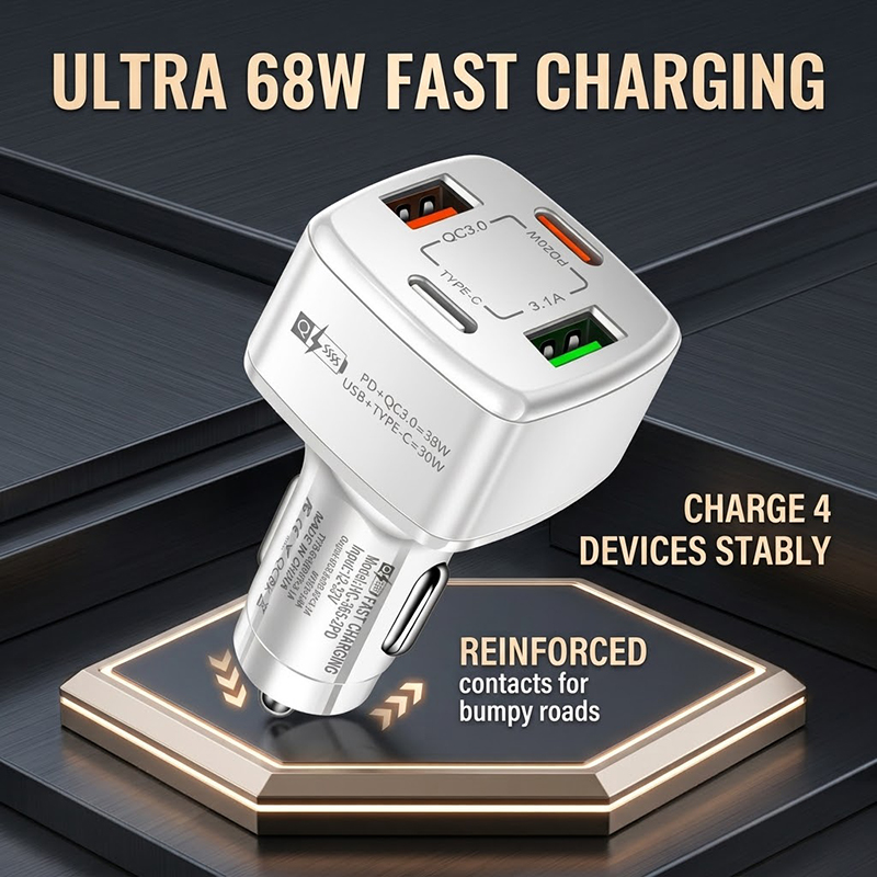 Type C Multiport Adapter - شاحن سيارة USB C بأربعة منافذ،