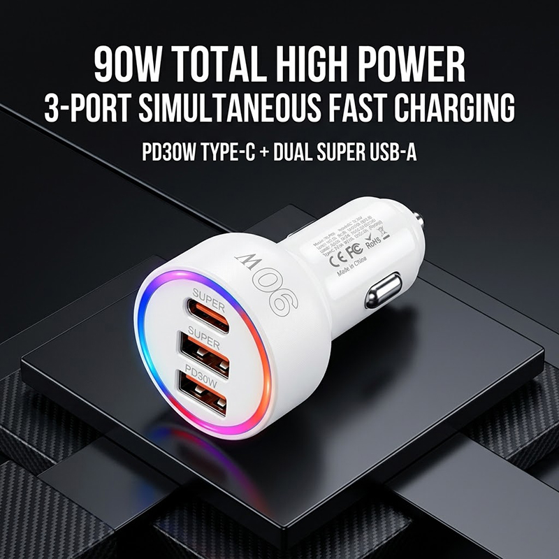Type C Multiport Adapter - شاحن سيارة بقوة 90 واط مع